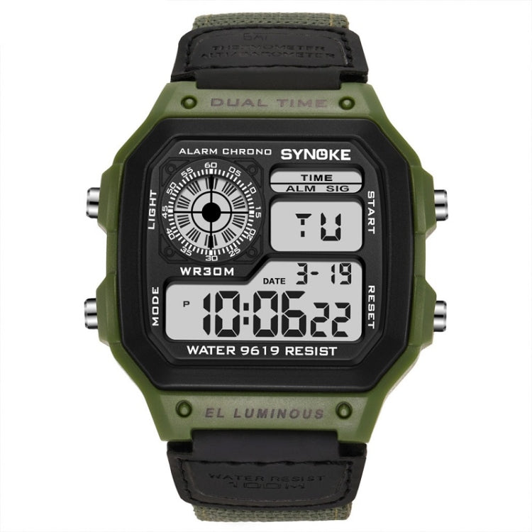SYNOKE digital wristwatch with green bezel, dark face, and dark olive fabric strap
