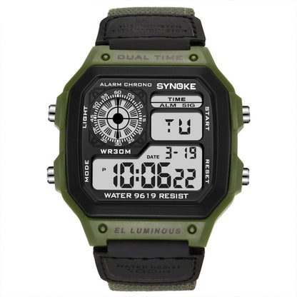SYNOKE digital wristwatch with green bezel, dark face, and dark olive fabric strap