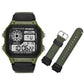 SYNOKE digital watch with green bezel and dark face, shown with spare strap pieces