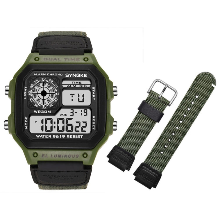 SYNOKE digital watch with green bezel and dark face, shown with spare strap pieces