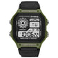 SYNOKE digital wristwatch with green bezel and dark display, dark olive fabric strap