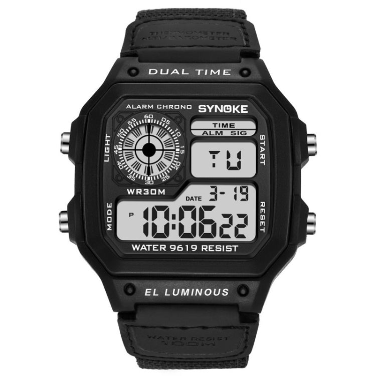 SYNOKE digital wristwatch with black case and dark display, black fabric strap