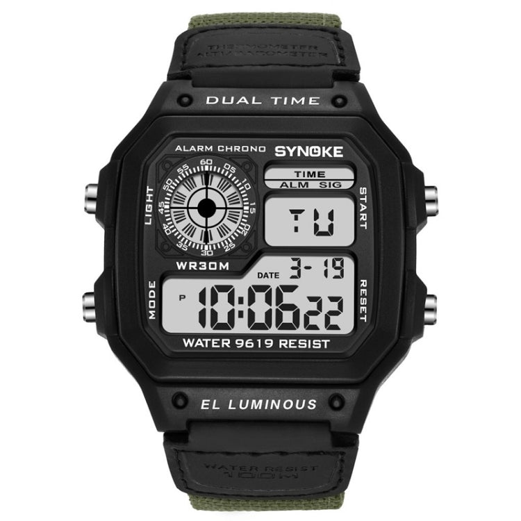 SYNOKE digital wristwatch with black digital face, green bezel, dark olive fabric strap