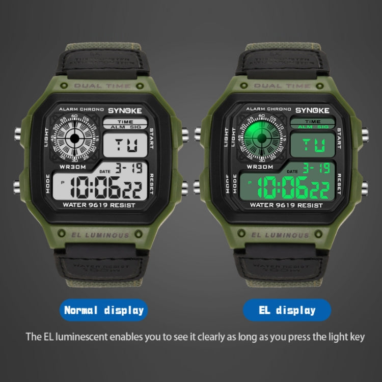 SYNOKE digital watch showing two screen states side by side, green bezel and dark strap