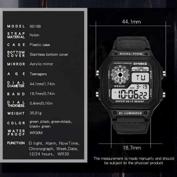 SYNOKE digital wristwatch with size measurement lines and black strap