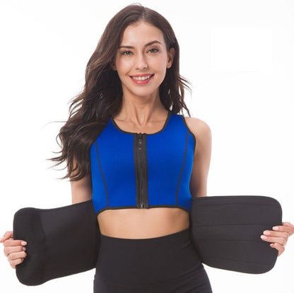 Blue sleeveless neoprene corset yoga vest with front zipper and black side belly panels