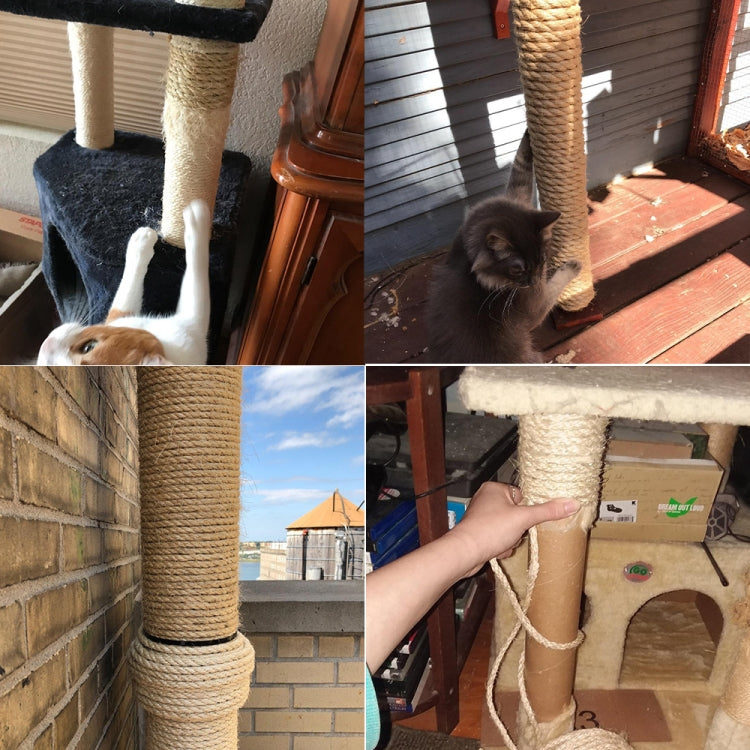 Beige hemp rope wrapped around a cat scratching post for claw grip and scratching