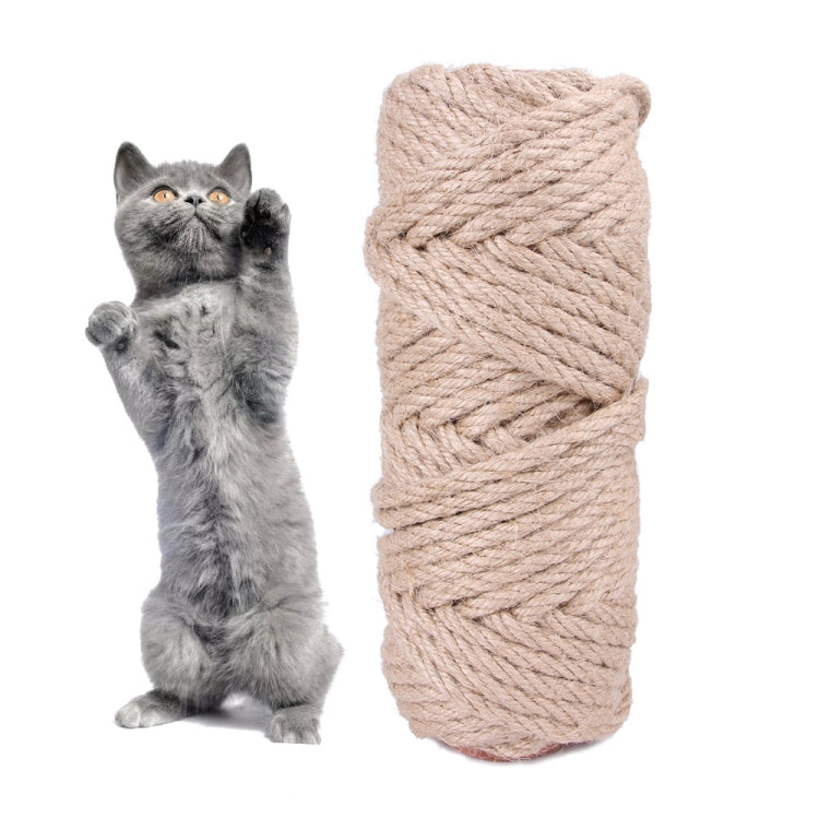 Cat stretching near a beige braided hemp rope scratch roll