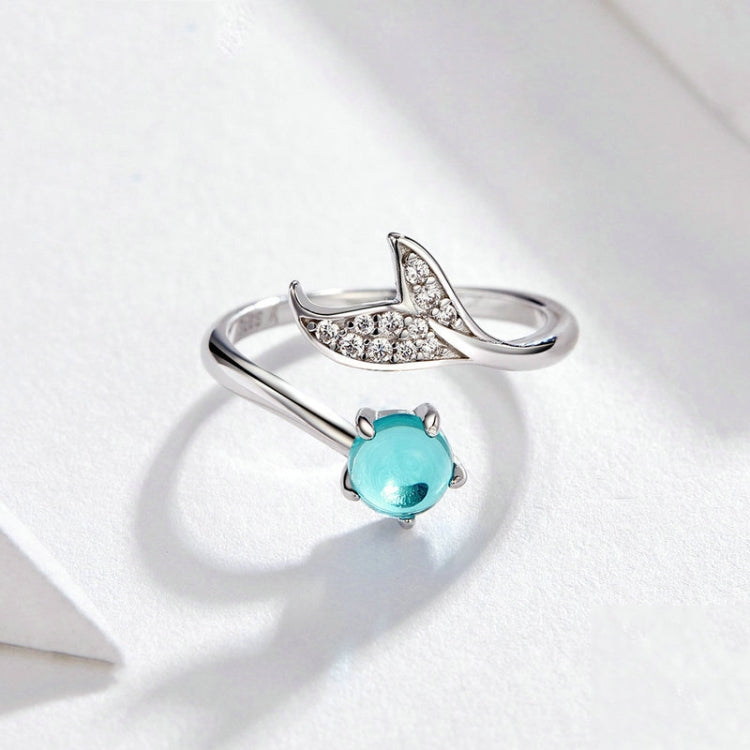 Mermaid Tears open silver ring with whale tail and turquoise stone