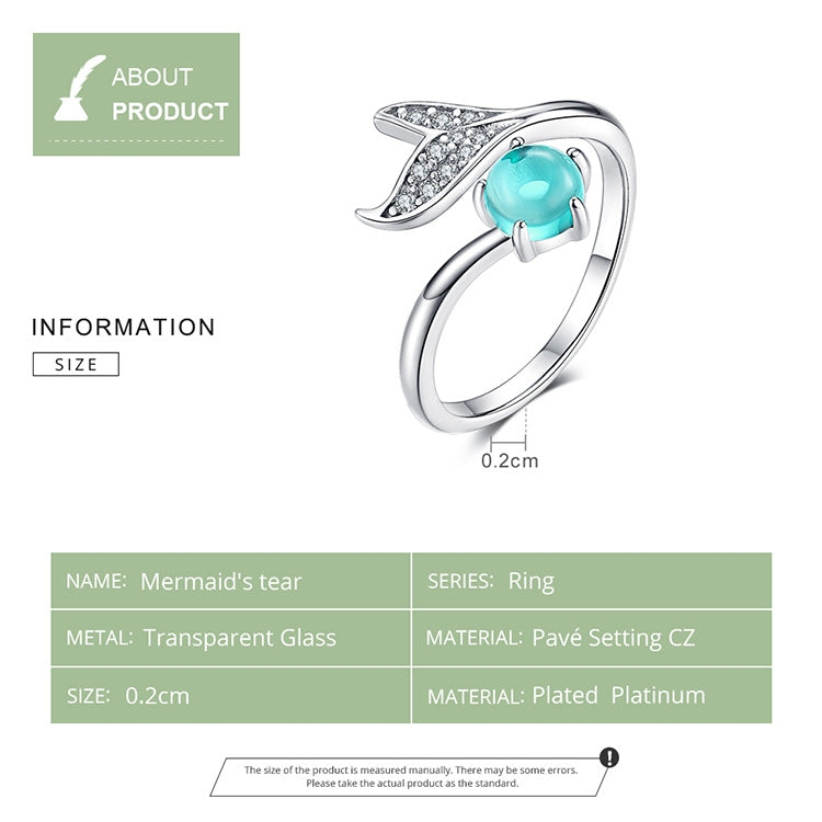 Sterling silver open ring with mermaid tail and aqua stone