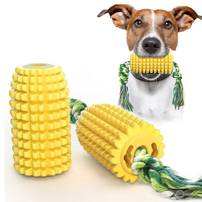 Yellow ribbed dog teething chew stick with green braided rope and end cap