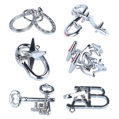 Set of 6 chrome metal lock puzzle rings with star, key, and B-shaped connectors