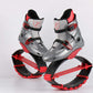 Gray and red spring jumping shoes pair with black straps and red support frame