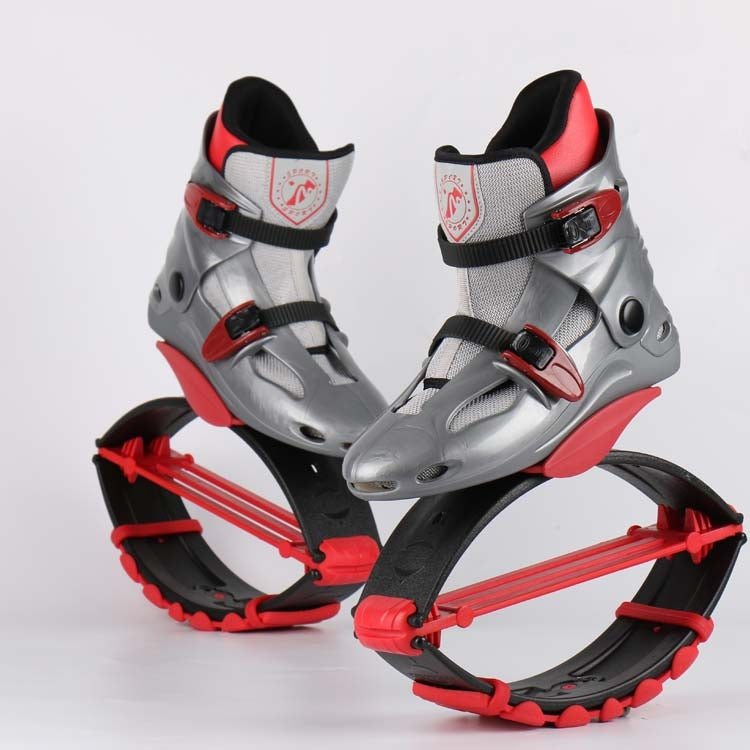 Gray and red spring jumping shoes pair with black straps and red support frame