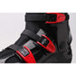 Black and red jumping shoe with red buckle straps and gray molded panels