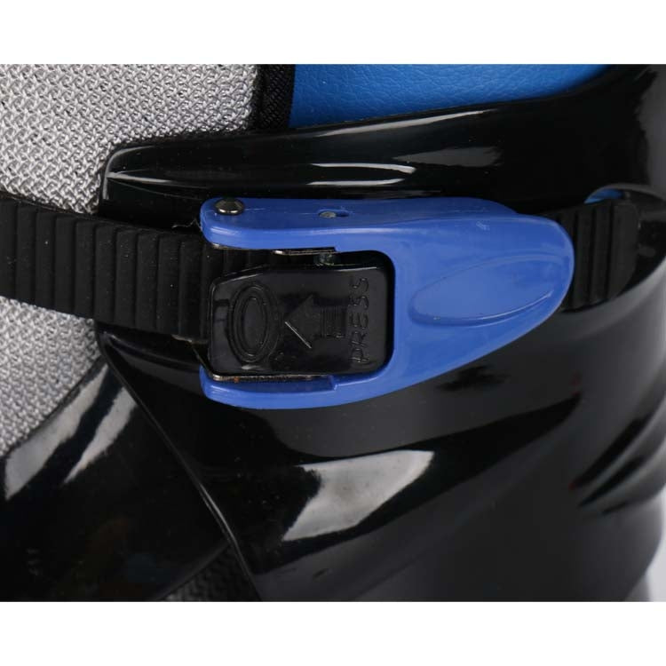 Black jumping shoe buckle with blue plastic guard and textured strap