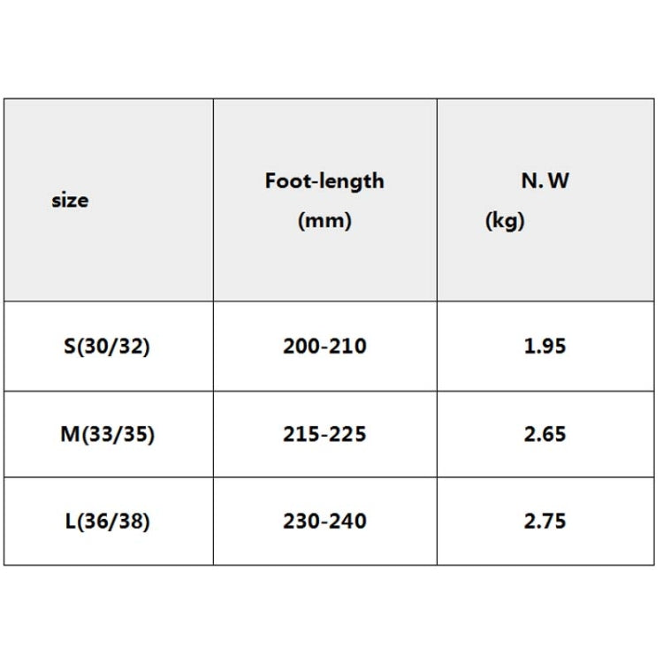 Size chart for S, M, L showing foot length and net weight