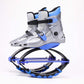 Silver and blue spring jumping shoes with black straps and blue base frame