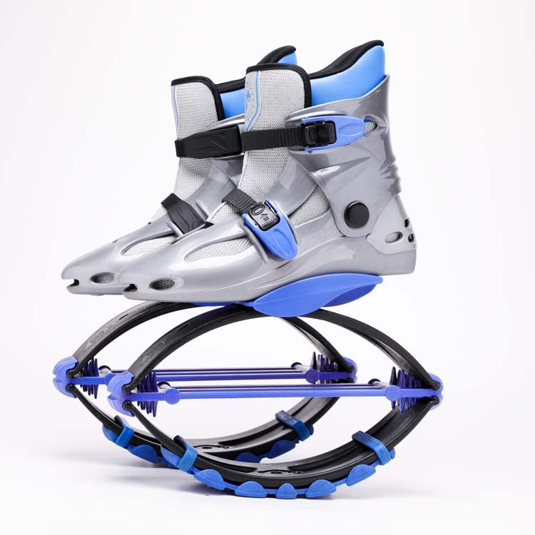 Gray high-top spring shoe with blue accent sole and buckled ankle strap frame