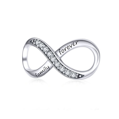 Sterling silver infinity bead charm with clear stones and family forever engraving