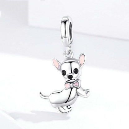 925 sterling silver Chihuahua dog charm pendant with bow and enamel details