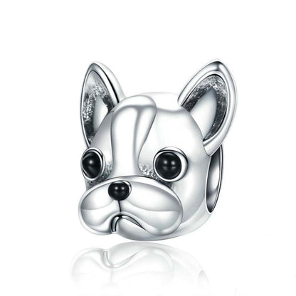 S925 sterling silver bulldog face bead with black enamel-style eyes and open-mouth detail