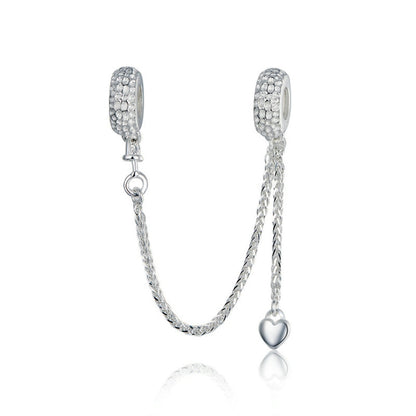 Silver heart safety chain charm with twisted links and round clasp ends