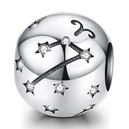 S925 sterling silver zodiac charm bead with star constellations and Aries symbol detail
