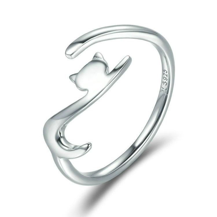 Sterling silver cat open ring with curved band and cat face details