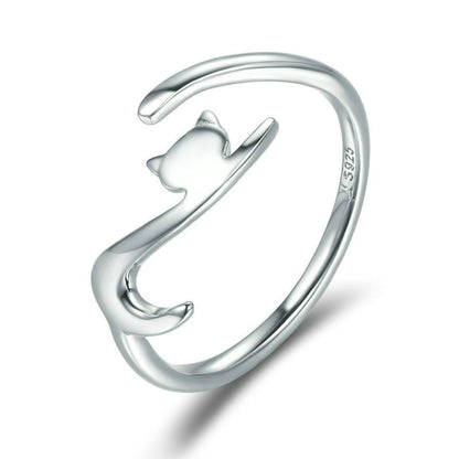 Sterling silver cat open ring with curved band and cat face details