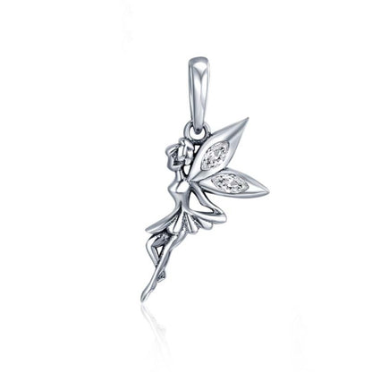 Sterling silver fairy dangle pendant with flower wing details