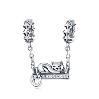 Sterling silver cat necklace pendant with CZ-studded arched bar and hanging chain