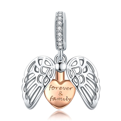 Sterling silver angel wing heart pendant with rose gold forever & family plaque