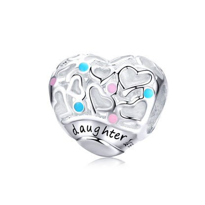 Sterling silver heart charm bead with multicolor enamel dots and 'daughter' engraving