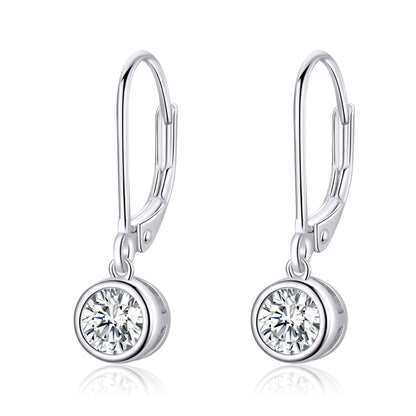 Sterling silver drop hoop earrings with round clear zircon center stones