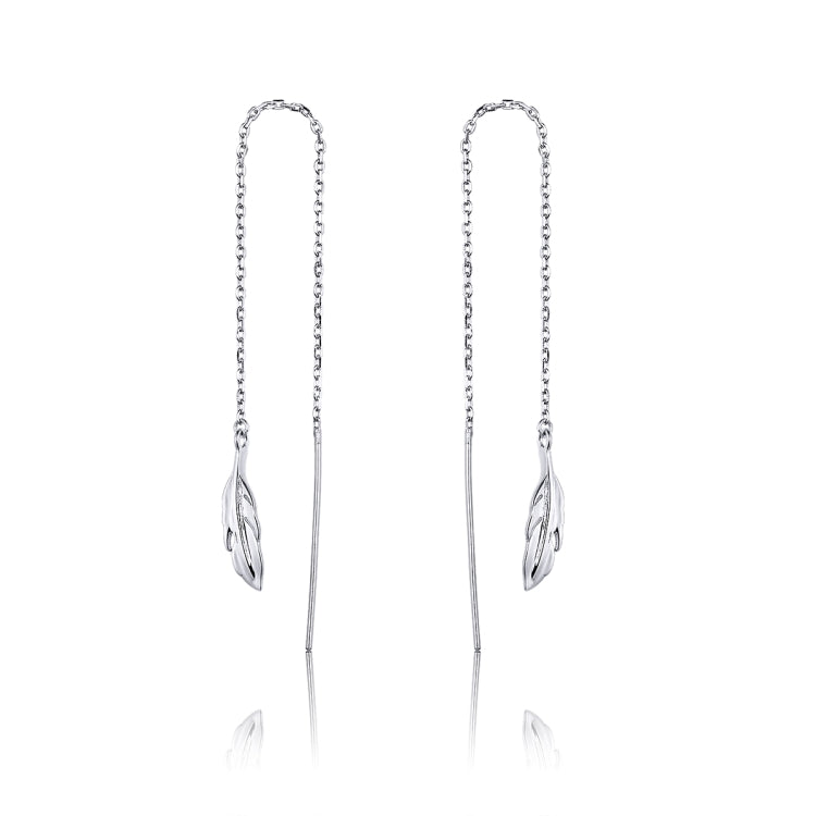 Long silver-tone feather dangle earrings with oval chain links
