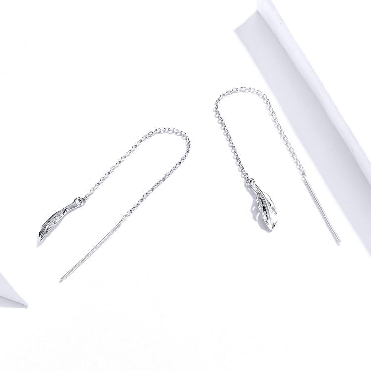 Long silver-tone chain earrings with pointed feather pendant and slim posts