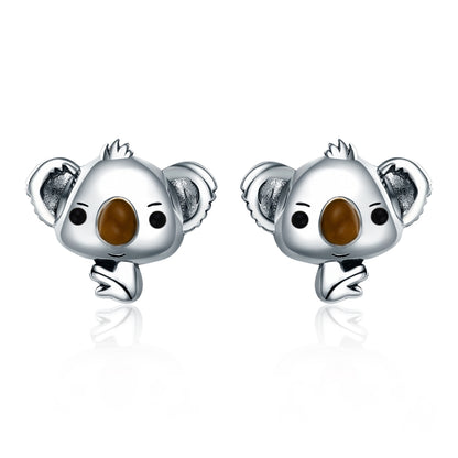Koala stud earrings in polished 925 sterling silver with brown enamel face detail