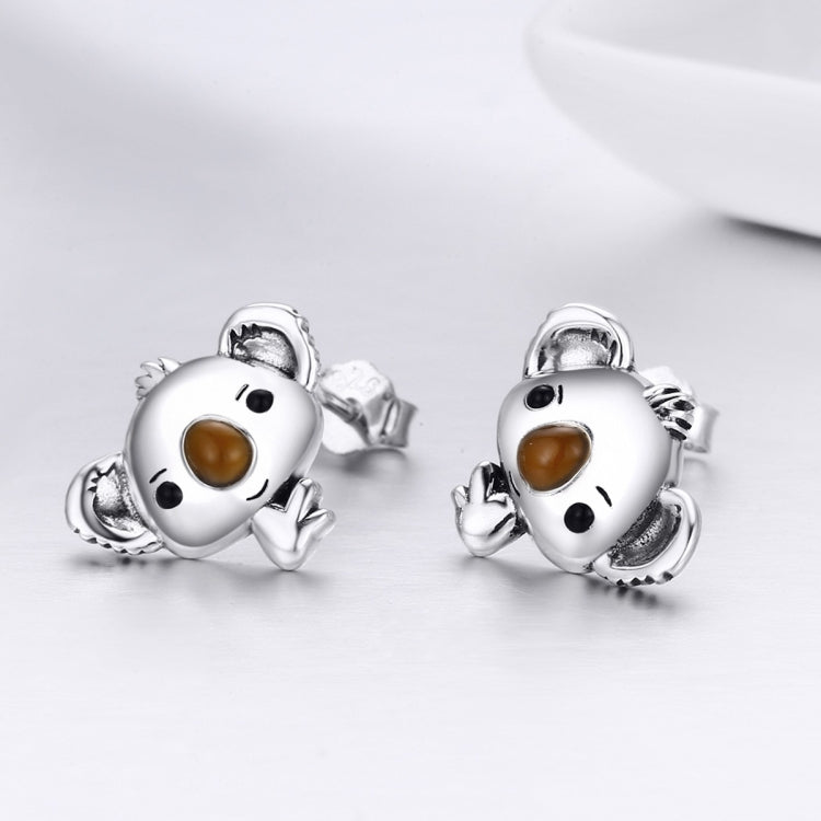 Koala stud earrings side view, brown enamel eyes and nose on sterling silver
