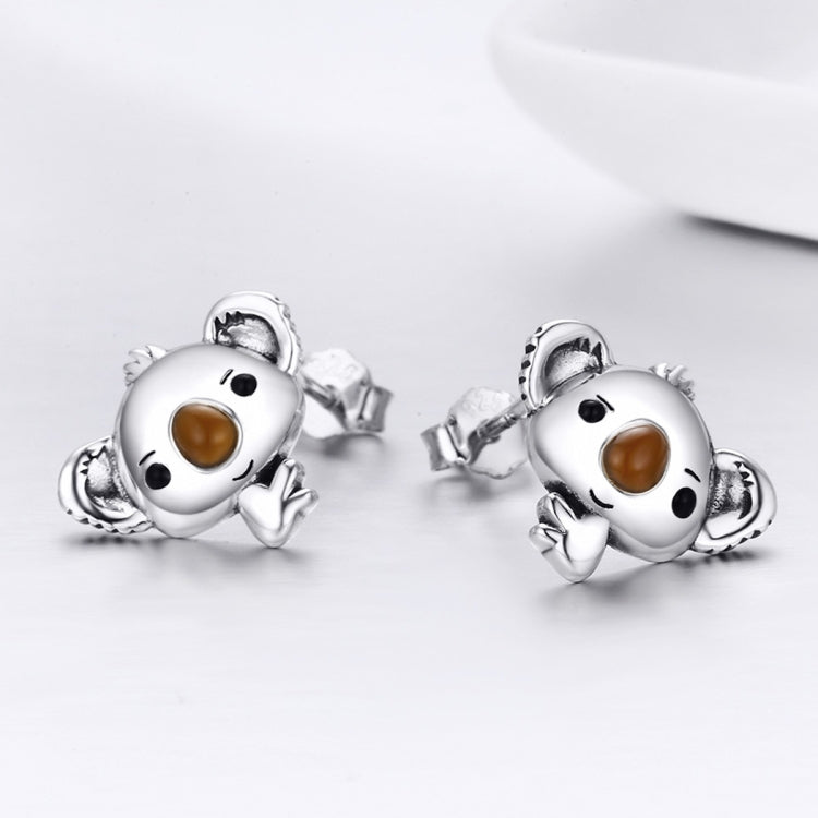 Koala stud earrings angled view with brown enamel eyes and nose on silver