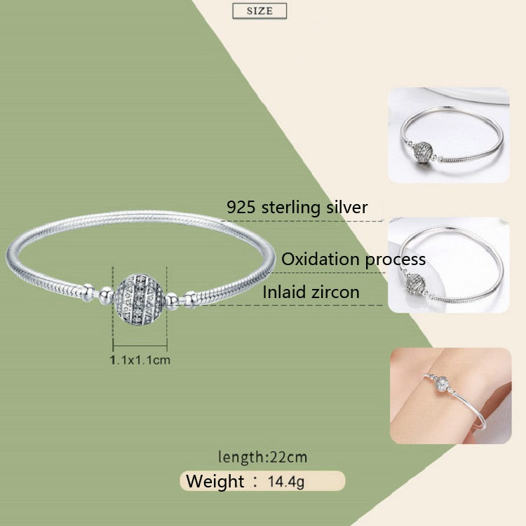 Sterling silver bangle bracelet with round paved bead and braided chain texture