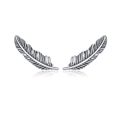 Sterling silver ribbed feather drop earrings, pair