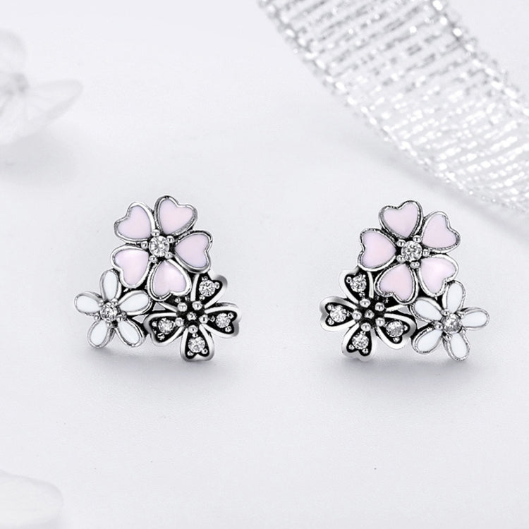 Sterling silver stud earrings shaped like a pink-flower cluster with cubic zirconia