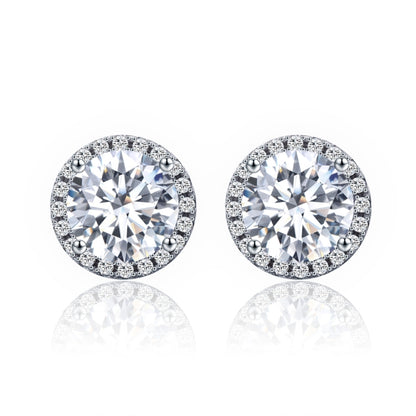 Sterling silver round CZ stud earrings with halo of small stones