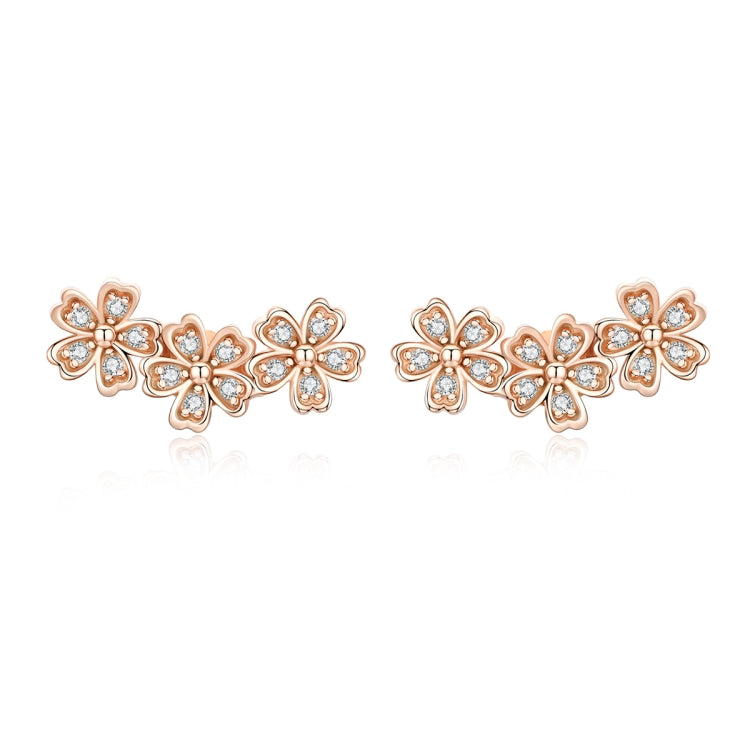 Rose gold flower zircon stud earrings with three linked blossoms