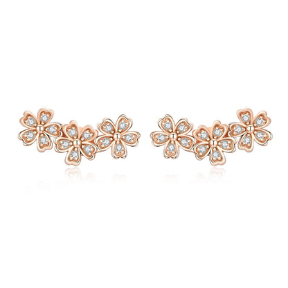 Rose gold flower zircon stud earrings with three linked blossoms