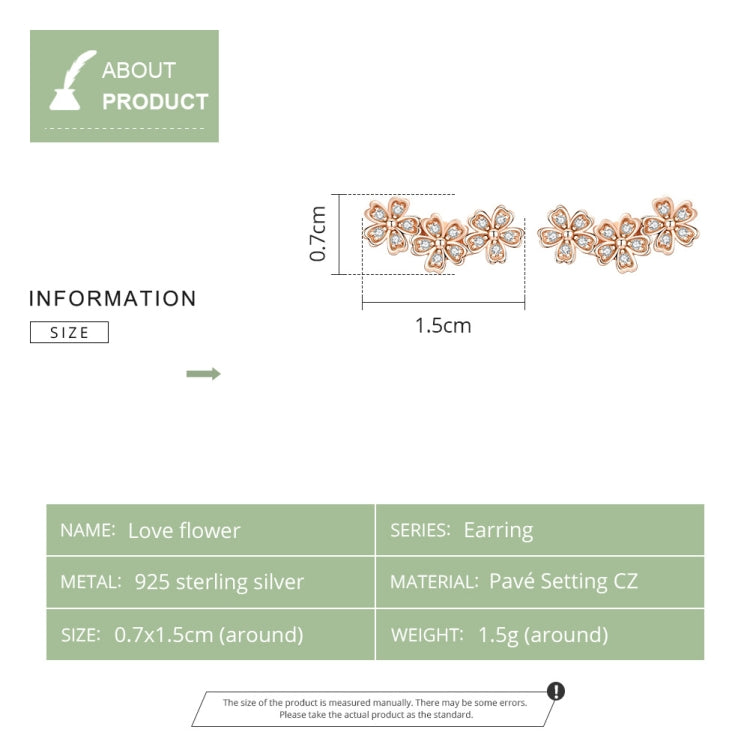 Rose gold flower CZ stud earrings with size measurement diagram