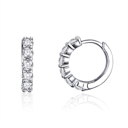 Rhinestone hoop earrings with row of five clear square CZ stones, silver tone