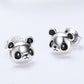 Panda face stud earrings in polished silver with black enamel eyes and nose