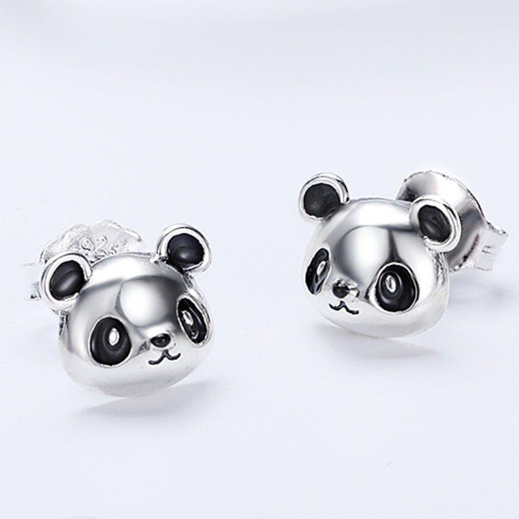Panda face stud earrings in polished silver with black enamel eyes and nose